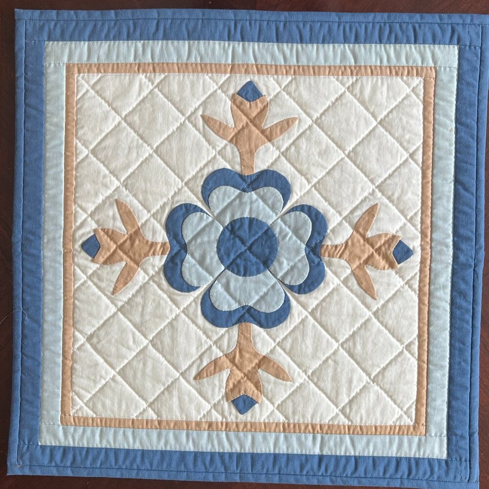 Handmade Hand Stitched Appliqué Quilted Floral Wall Hanging Table Topper Blue